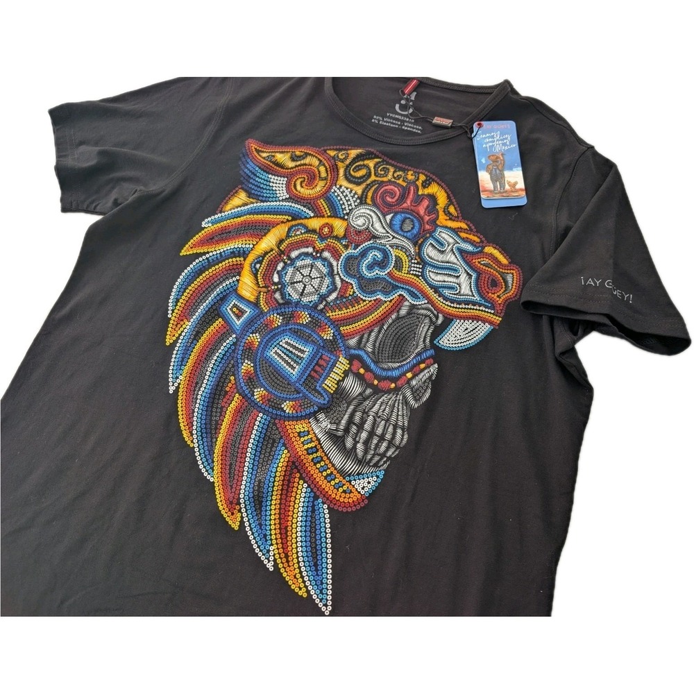 Ay Guey‎ Eagle Aguila Skull T-Shirt Men's Size M Handmade Super Soft Colorful